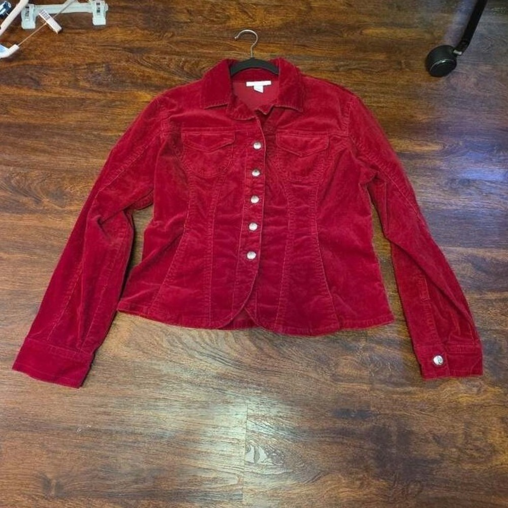 Dressbarn Red Velvet Corduroy Button Front Jacket Women's Large Y2K